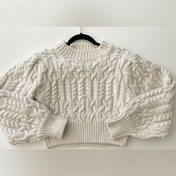 Zara Cable Knit Chunky Crop Sweater With Pearl Accents Ivory